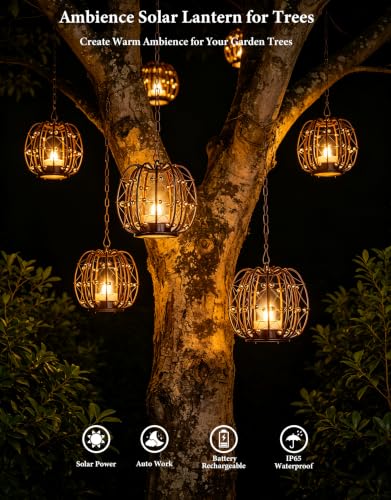 Outdoor Solar Hanging Lantern, 4 Pack Hand Woven Copper Wire Pumpkin Candle Holders with Solar Tea Lights, IP65 Waterproof with Hanging Hooks for Gazebo, Tree, Pergola, Patio Garden Decor - Image 2