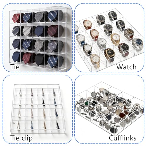 2 Pack Tie Box Organizer Wall Mounted Tie Rack Clear Acrylic with 16 Compartments, Tie Holder for Drawer Tie Organizer for Men Belt Scarf Necktie Storage for Closet and Home by Rainmae - Used condition - Image 7