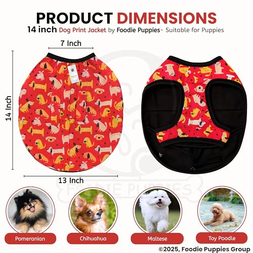 Image of Foodie Puppies Dog Winter Jacket - (Dog Printed, 14 Inch) for Small Dogs & Puppies | Ultra Warm Waterproof & Windproof Coat | Adjustable Velcro Closure, Washable Vest for Cold Weather