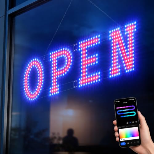 Image of 32 x 10 Inch LED Open Sign for Business - Timer via BT APP & Remote Control, Ultra Bright Open Sign with 14 Flash Modes, 6 Dimming Levels & 6 Speed Control for Salon Cafe Restaurant (Red & Blue)
