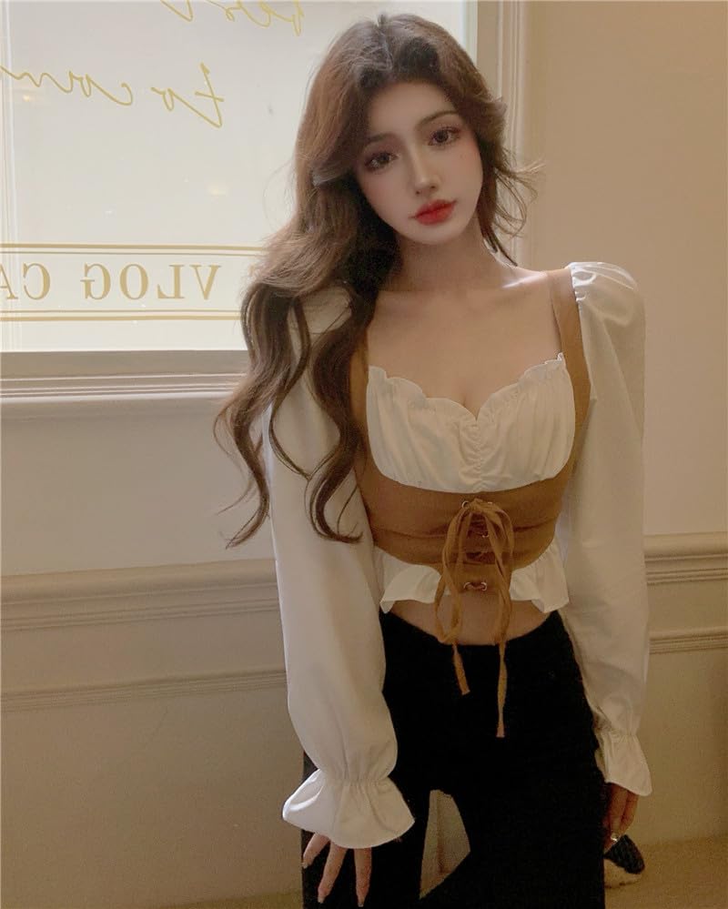 Image of ICW Women French Style Retro Vintage Lace-Up Layered Fake Two-Piece Puff Sleeve Ruffled Crop Blouse Corset Top Dn88
