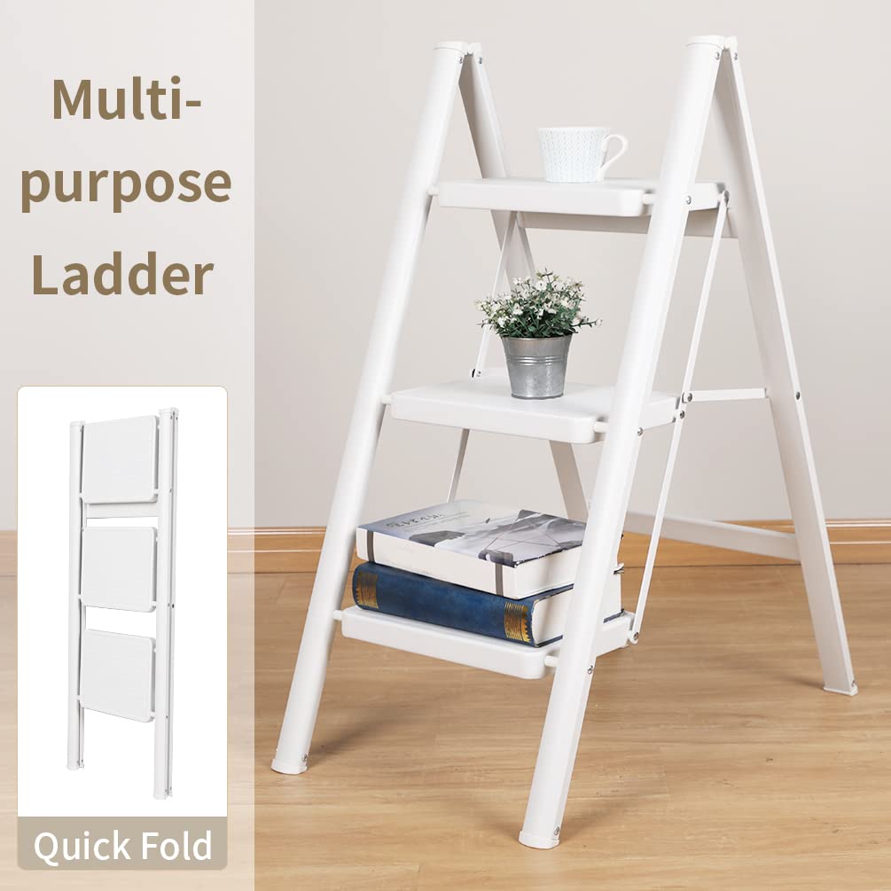 BAOYOUNI Scaletta Pieghevole Leggera e Portatile Scala Domestica 20 cm Pedale Largo Sgabello Antiscivolo Multiuso per Casa Cucina Ufficio Esterno, Portata massima 150 kg (3 Gradini, Bianco)