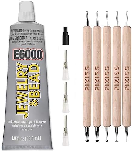E6000 Adhesive Rhinestones Glue for Crafts, Jewelry and Bead E6000 Clear Glue with Precision Tips & 5 Dotting Pen Tool, Jewelry Glue for Making Nail Art, DIY Crafts, Makeup, Shoes, Jewelry Making