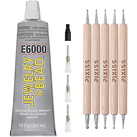 E6000 Adhesive Rhinestones Glue for Crafts, Jewelry and Bead E6000 Clear Glue with Precision Tips & 5 Dotting Pen Tool, Jewelry Glue for Making Nail Art, DIY Crafts, Makeup, Shoes, Jewelry Making Cover