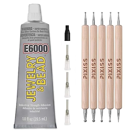 E6000 Jewelry Bead Adhesive Glue for Jewelry Making with 4 Precision Applicator Tips and Pixiss Art Dotting Stylus Pens 5 pcs Set - Rhinestone Applicator Kit