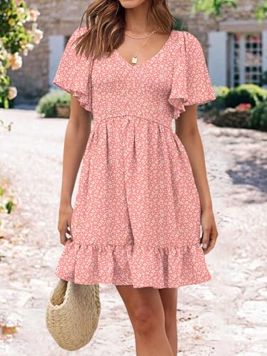 Image of UEAL Womens Cute Floral Smocked V Neck Flutter Sleeve Sundress with Pockets Casual Spring Summer Dresses for Women 2026