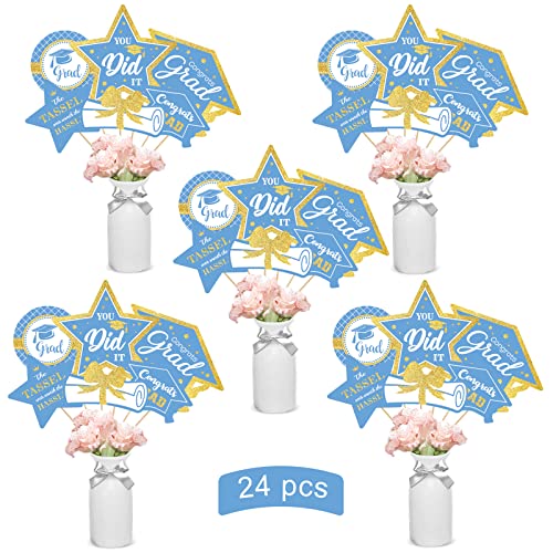 Image of Light Blue and Gold Graduation Decorations Set of 24 Class of 2024 Table Decor Congrats Grad Party Centerpiece Sticks Table Toppers Graduation Party Supplies