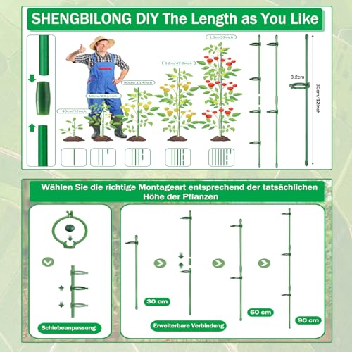 ShengBiLong Pflanzenstütze, 20 Stück Pflanzenhalter, mit 20 Karabinern Ausgestattet, mit 10 Verlängerungsrohren, Tomaten Rankhilfe, Rankhilfe Zimmerpflanzen, Staudenhalter, Pflanzen Stütze（90PCS）