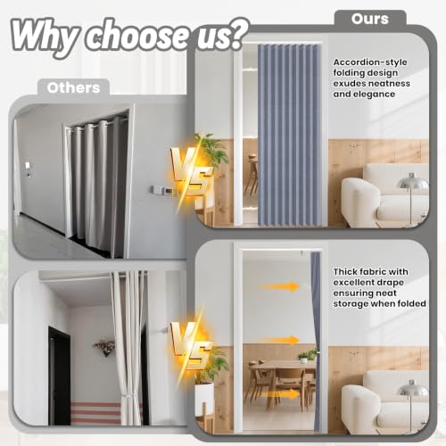 Image of AJAZZ Blackout Accordion Door with Curtain Rods 39-52 in Length Closet Door Curtain Invisible Applicable Bedroom Room Living Room Doorway (1 Panel, 52 W x 78 L, Dark Blue)