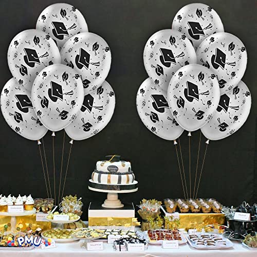 Pmu Graduation Balloons Party Tex 11In Premium Silver With All-Over Print Black Grad Caps-Confetti And Streamers Pkg/12 #TOP4