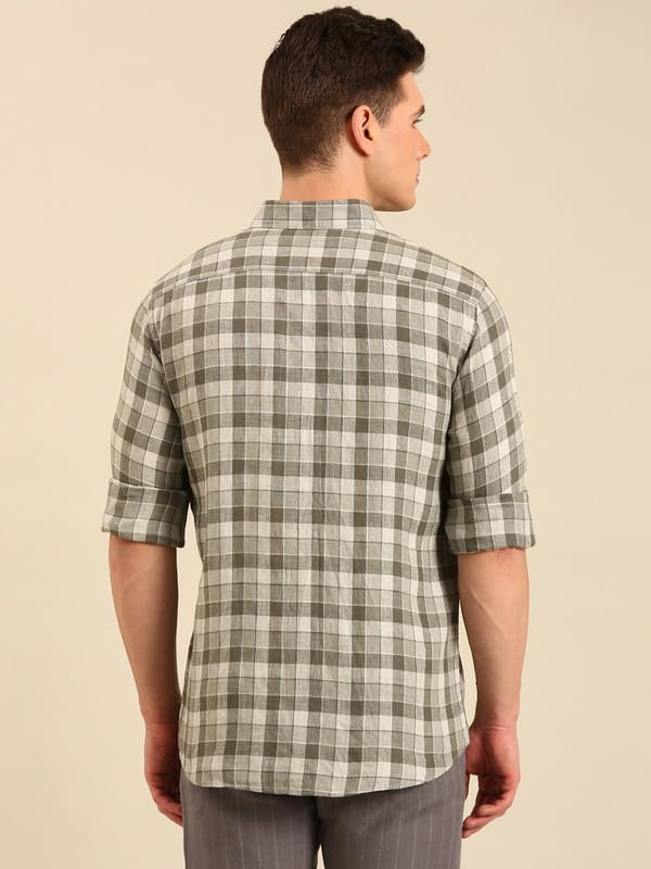Image of Linen Club Men's Pure Linen Checked Contemporary Fit Full Sleeve Casual Shirt