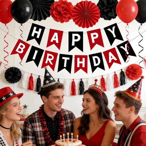 Image of Happy Birthday Banner Birthday Party Supplies (Black Red)