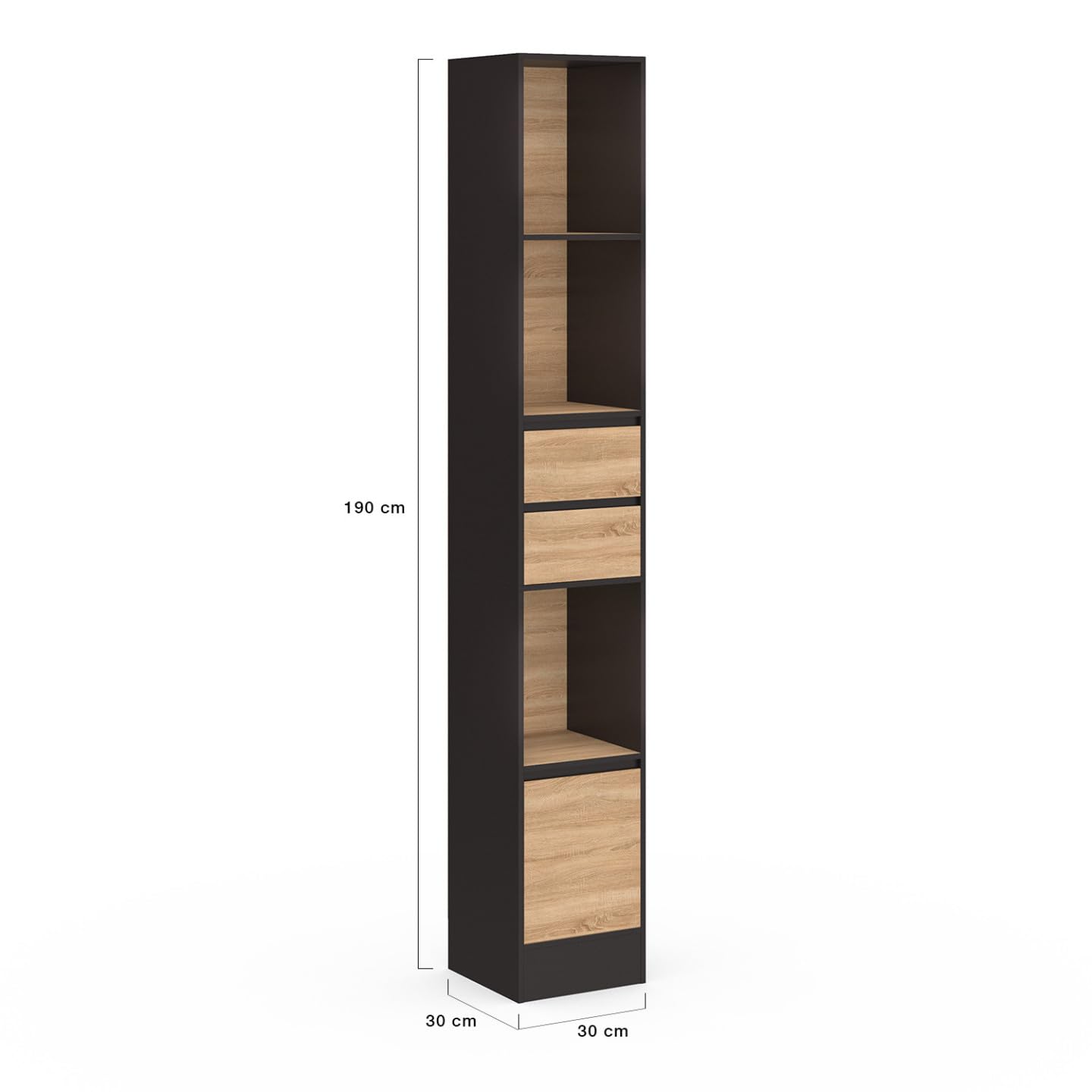 IDMarket - Libreria CARLA 3 livelli 2 cassetti 1 armadio effetto legno e nero H.190 cm