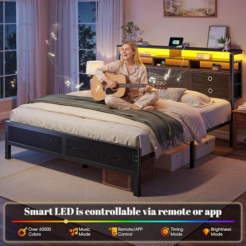 Image of Homkdom Queen Bed Frame with 3-Tier Storage Headboard and 4 Fabric Drawers, LED Light & Charging Station, Noise-Free Metal Platform, No Box Spring Needed, Easy Assembly, Black