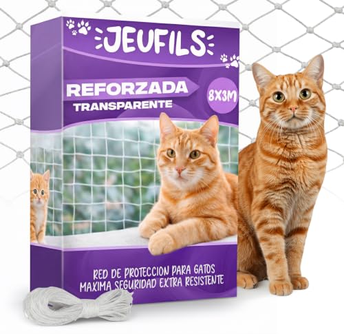 Jeufils® Red para Gatos Terraza (8x3m) Red Gatos Terraza | Transparente Reforzada | Incluye Set de Fijación y Manual de Instrucciones - Red Gatos Ventanas - Redes para Gatos Balcon