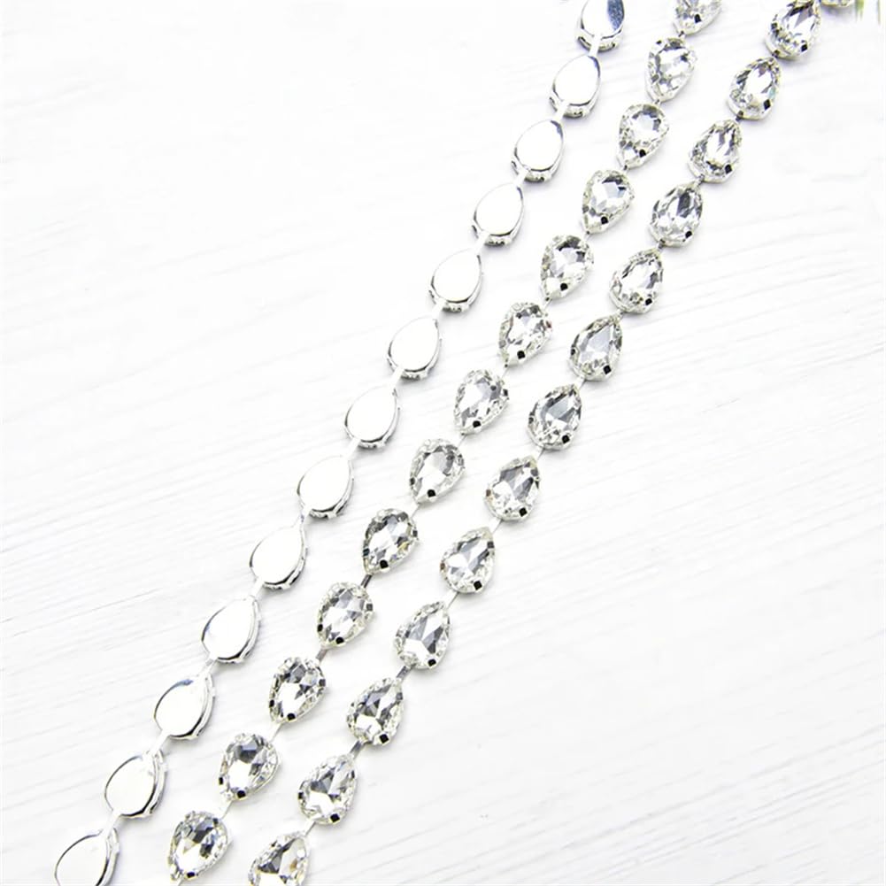 Frędzle z kryształkami, Ozdobne frędzle z kryształu górskiego 10x14 mm Szklany metalowy łańcuszek w kształcie kropli wody przyszyty wielokolorowy 1 jard 50 cm(Blue Zircon,50cm)