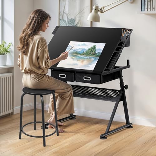 BBBuy Drafting Table Drawing Desk w/Power Outlet, Art&Craft Work Station Height Adjustable Tilting Tabletop Craft Table Desk w/Stool and 2 Storage Drawers for Home Office, Black