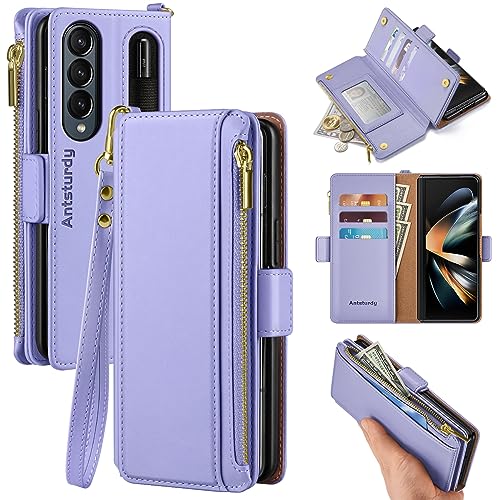 Antsturdy for Samsung Galaxy Z Fold 4 5G case Wallet Women with ?S Pen Holder?,Galaxy Z Fold 4 Phone case with Card Holder Strap PU Leather RFID Blocking Flip Folio Cover Credit Slots Men,Light Purple