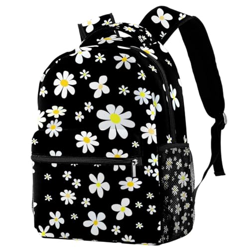 Sac à dos d'école marguerites noires et blanches pour collège et voyage 40cm