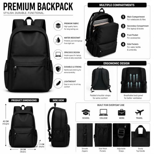 Image of College bag for girls and boys, Office Bag for Men & Women, 15.6 Inch Laptop Backpack, Water Resistant & Lightweight School and Tuition Bag, 2 Compartments with Bottle Holder