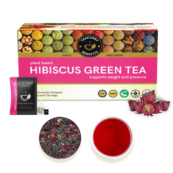 Image of TEACURRY Hibiscus Green Tea Organic - 30 Natural Hibiscus Green Tea Bags | Hibiscus Green Tea Bags Helps lower blood pressure, promotes weight loss & boosts liver health | Tea for weight loss