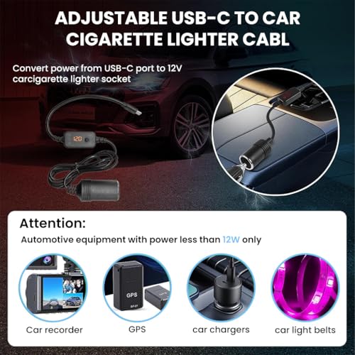 Image of STHIRA USB C to Cigarette Lighter Adapter Cable, 5V to 12V Type-C to Cigarette Lighter Socket Adapter Cable, Universal Car USB Boost Converter with Adjustable Voltage and USB Converter Tip (0.7m)