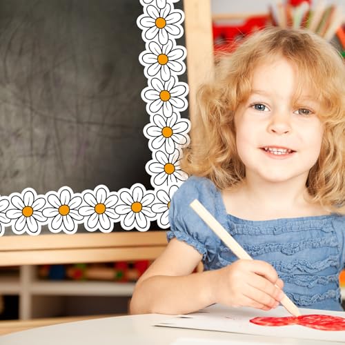 Image of Whaline 32.8 Ft Retro Daisy Flower Bulletin Board Border White Yellow Groovy Daisy Floral Die-Cut Border Trim for Back to School Chalkboard Wall Decoration