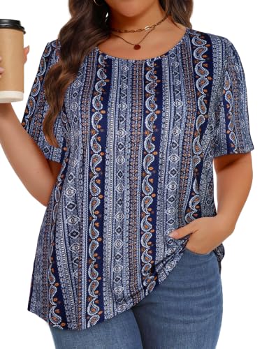 Image of Plus Size Tops for Women Summer Pleated Short Sleeve Shirts Casual Blouses