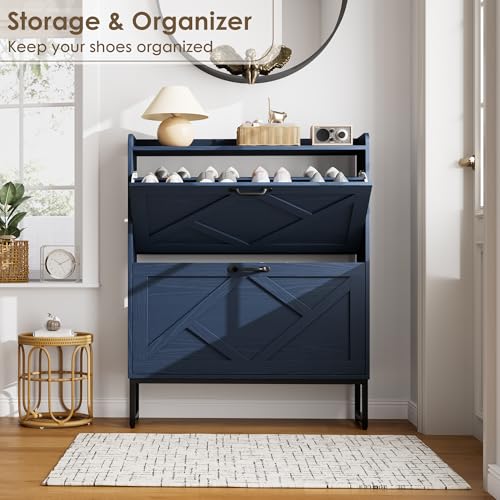 Image of Nicetree Shoe Storage Cabinet, Shoe Cabinet with 2 Flip Drawers, Narrow Shoe Rack Cabinet, Farmhouse Slim Shoe Cabinet Storage for Entryway,Blue