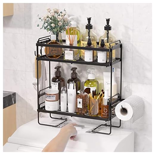 NUTSAAKK Bathroom Over The Toilet Storage Shelf, 2-Tier Bathroom Organizer Over Toilet, Above Toilet Storage with Non-Trace Adhesive, No Drilling Toilet Organizer, Toilet Paper Holder (Upgrade Black)