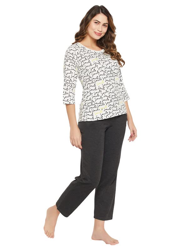 Image of Clovia Women's Cotton Print Top And Basic Pajama Set In White