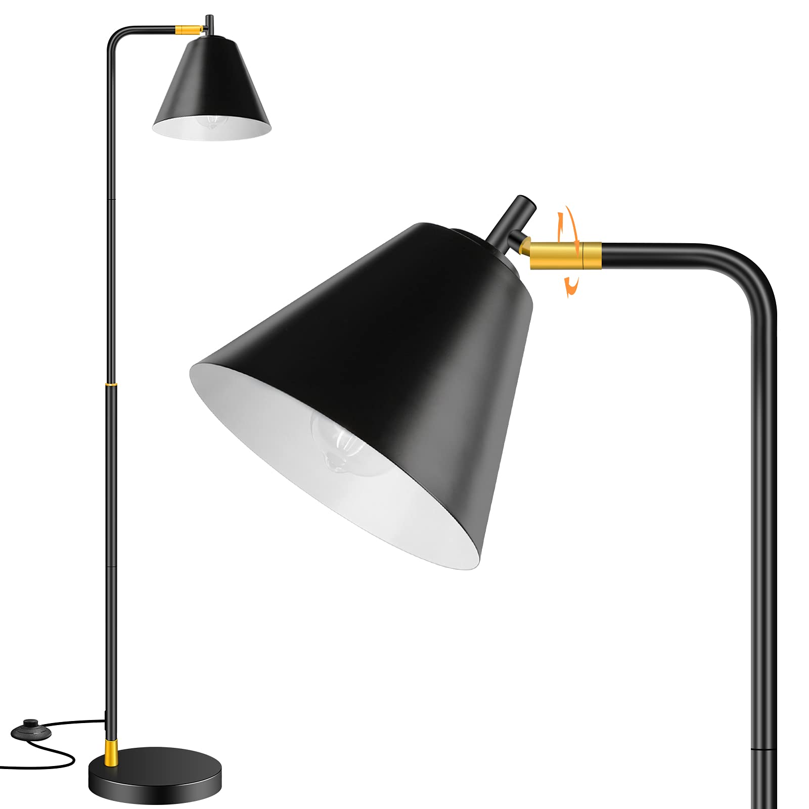 Industrial Floor Lamp for Living Room - Rustic Tall Lamp with Adjustable Metal Head, Farmhouse Standing Lamp Reading Pole Lamp Torchiere Indoor Task Lighting for Bedroom Office Home Décor Black