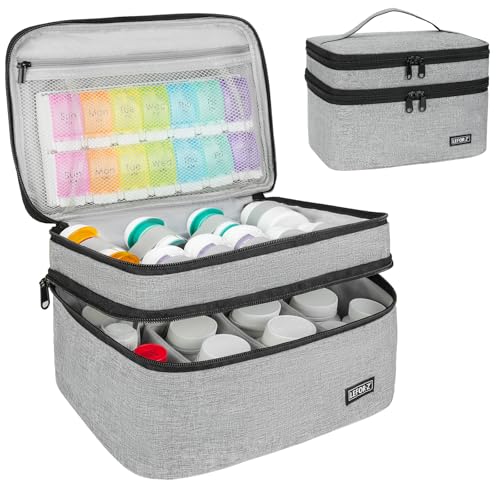 LEFORZ Medicine Storage Bag Double Layers Pill Bottle Organizer Bag Empty with Lockable Zipper&Adjustable Divider Medication Travel Carrying Bag for Pills Vitamins Medical Supplies Grey