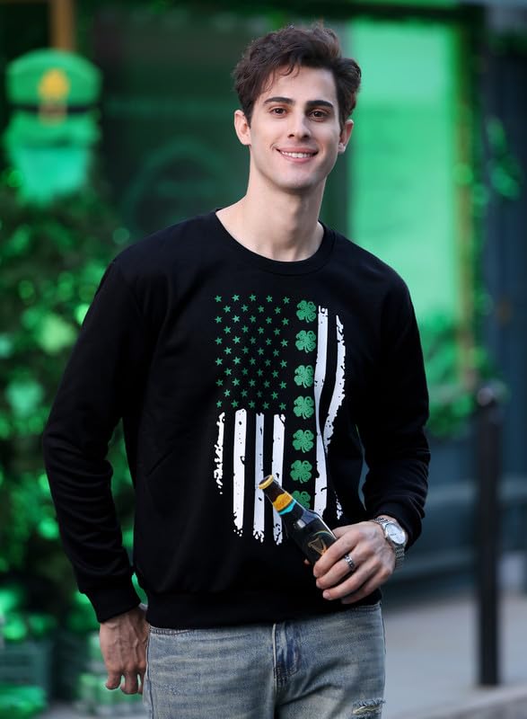 Arvilhill Men's St Patricks Long Sleeve Sweatshirt Green Black Shamrock Shirt Clover L2