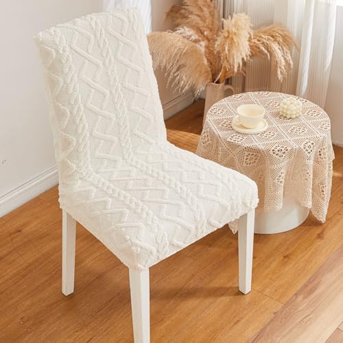 Image of HOMETHREADS Elastic Jacquard Chair Cover-Stretch Fit, Removable & Washable Short Dining Chair Seat Protector - 400gsm Soft & Wrinkle-Resistant Slipcover for Home, Kitchen, Banquet (Cream, Pack of 6)