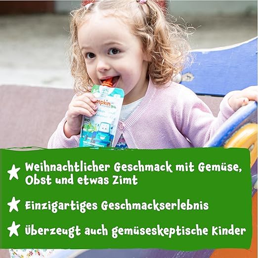 Pumpkin Organics Bio Gemüse-Getreide-Quetschies 8er Pack Kürbis, Birne, Apfel, Pflaume, Hafer ohne Zuckerzusatz¹ - ab 8 Monaten - als Snack oder Beikost für unterwegs (8x100g)