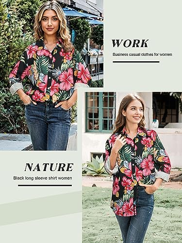 ZXZY Hawaiian Shirts for Women Fall Soft Floral Leaves Print Long Sleeve Button Up Trendy Tops Blouse4