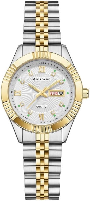 Analog Quartz Watch for Women with Day & Date Display, Textured Dial, Diamond Hour Markers, Roman Numerals Stainless Steel Strap