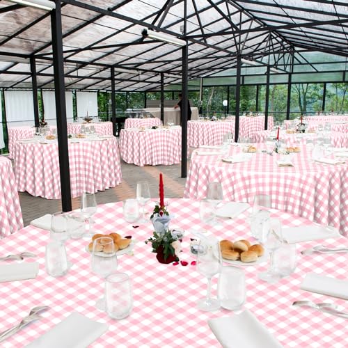 Image of 12 Pack Pink Gingham Tablecloth Round, Premium Decorative Disposable Pink and White Checkered Plaid Table Cloths for Parties, Round Party Table Cover for Picnic Farm Birthday Wedding Festivals, 84Inch