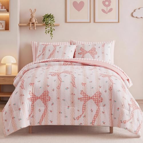 Image of Twin XL Comforter Set with Sheets for Girls-5 Pieces Twin Bedding Sets | Soft Printed Cute Bow Comforter with Pillowcases & Shams, 66 inch X 90 inch