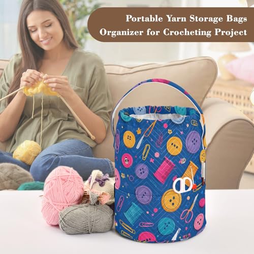 Image of ElliTarr Crochet Bag Yarn Bag with Handle Portable Knitting Project Bag Travel Yarn Storage Organizer Holder Case Blue Thread Buttons Clips Scissors