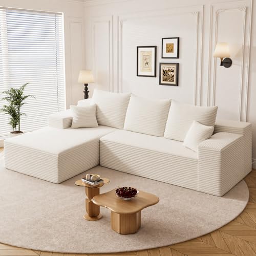Repantes 108" L Shaped Boneless Sectional Couches for Living Room, Comfy Corduroy Floor Cloud Sofa with Chaise, Wide Armrest, Deep Seat, Memory Foam, Assembly Free, Ideal for Small Spaces, White