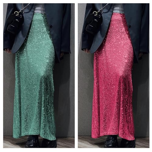Elegant Sparkling Sequins Stretchy Long Skirt for Women Elastic High Waist A Line Skirt for Formal Parties and Night Out Rose Red3