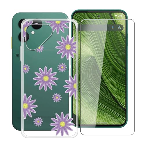 YQINHHME Funda para Fairphone Gen 6 (6.31 ') + Protector de Pantalla Cristal Templado, Funda de Silicona Suave Ultrafina Anti-rasguños TPU Carcasa Case para Fairphone Gen 6 - Flor Purpura