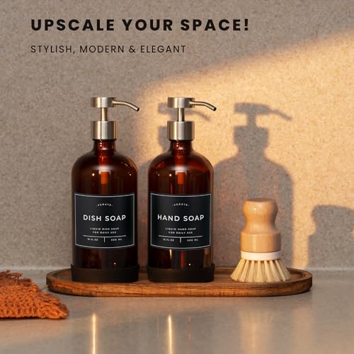 Image of Hand and Dish Soap Dispenser for Kitchen and Bathroom, Set of 2 16 Oz Glass Bottles, Stainless Steel Pumps, Non-Slip Silicone Base, 27 Waterproof Labels (Amber Bottle /Brushed Silver Pump)