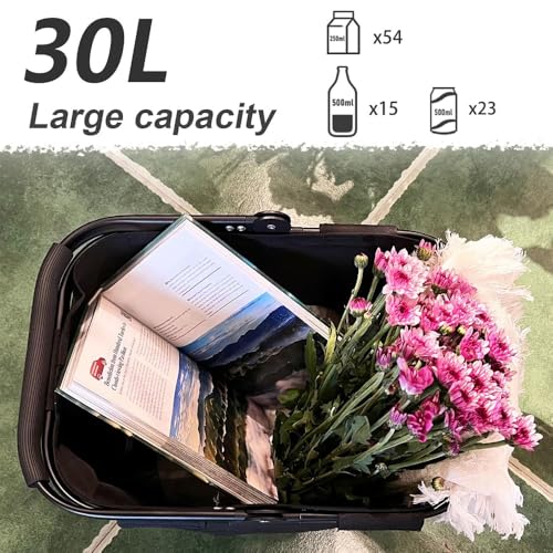 Diurwur® 30L Tragekorb Groß Faltbar Einkaufskorb mit Deckel Picknickkorb mit Stützstrebe Korb Einkaufen Praktischer Klappkorb Transportkorb mit Alurahmen - ideal für Reisen/Picknick/Einkaufen/Geschenk