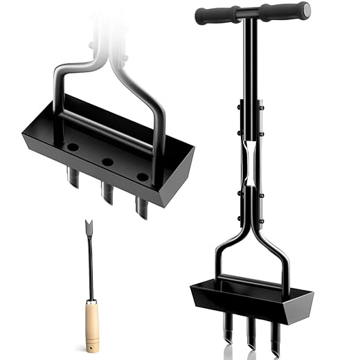Lawn Aerator Coring Garden Tool with Soil Core Storage Tray, Manual Yard Plug Aerators & Clean Tool, Grass Aeration Gardening Tools with 3 Tines for Lawn Care, Compacted Soil, 37.6”