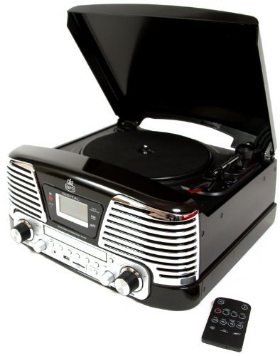 GPO Memphis Retro 4-in-1 Music Centre with 3-Speed Vinyl Turntable Record Player, CD Player, FM Radio and Built-in Stereo Speakers - Black