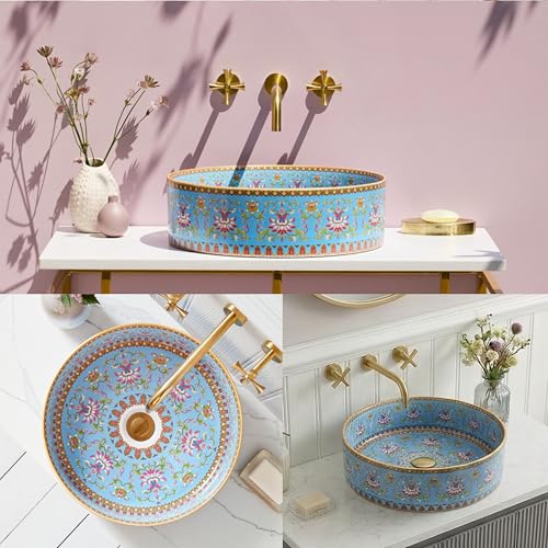 Image of BASSINO 16x16x5 Inches Designer Moroccan Ceramic Table Top Wash Basin /Glossy Blue Floral Art Bowl Sink for Bathroom /Handcrafted Round Countertop Washbasin for Office /Hotel(Glossy Blue)