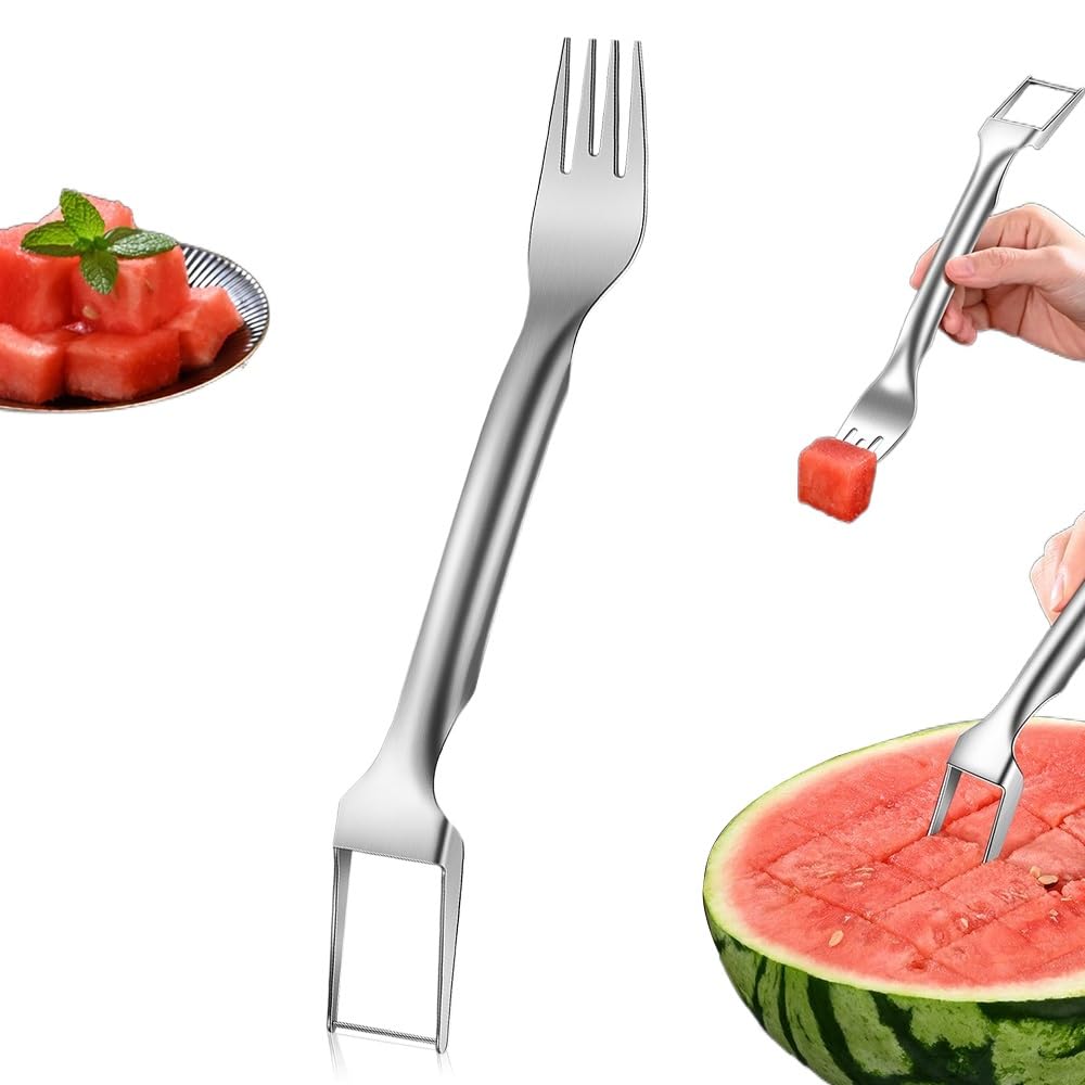 2-in-1 Watermelon Fork Slicer Cutter, 2025 New Stainless Steel Dual Head Fruit Cutter, Portable Watermelon Cutter Slicer Tool, Fruit Forks for Summer Home Kitchen Camping Party Use (1)
